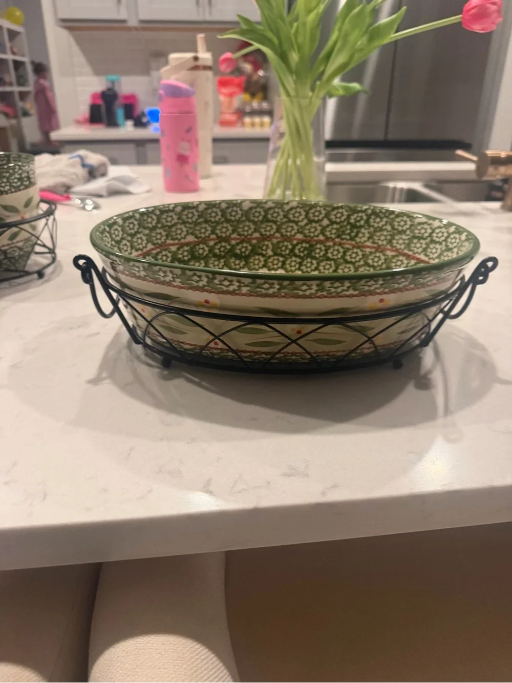 Hand-Painted Green Ceramic Serving Bowl with Wire Basket
